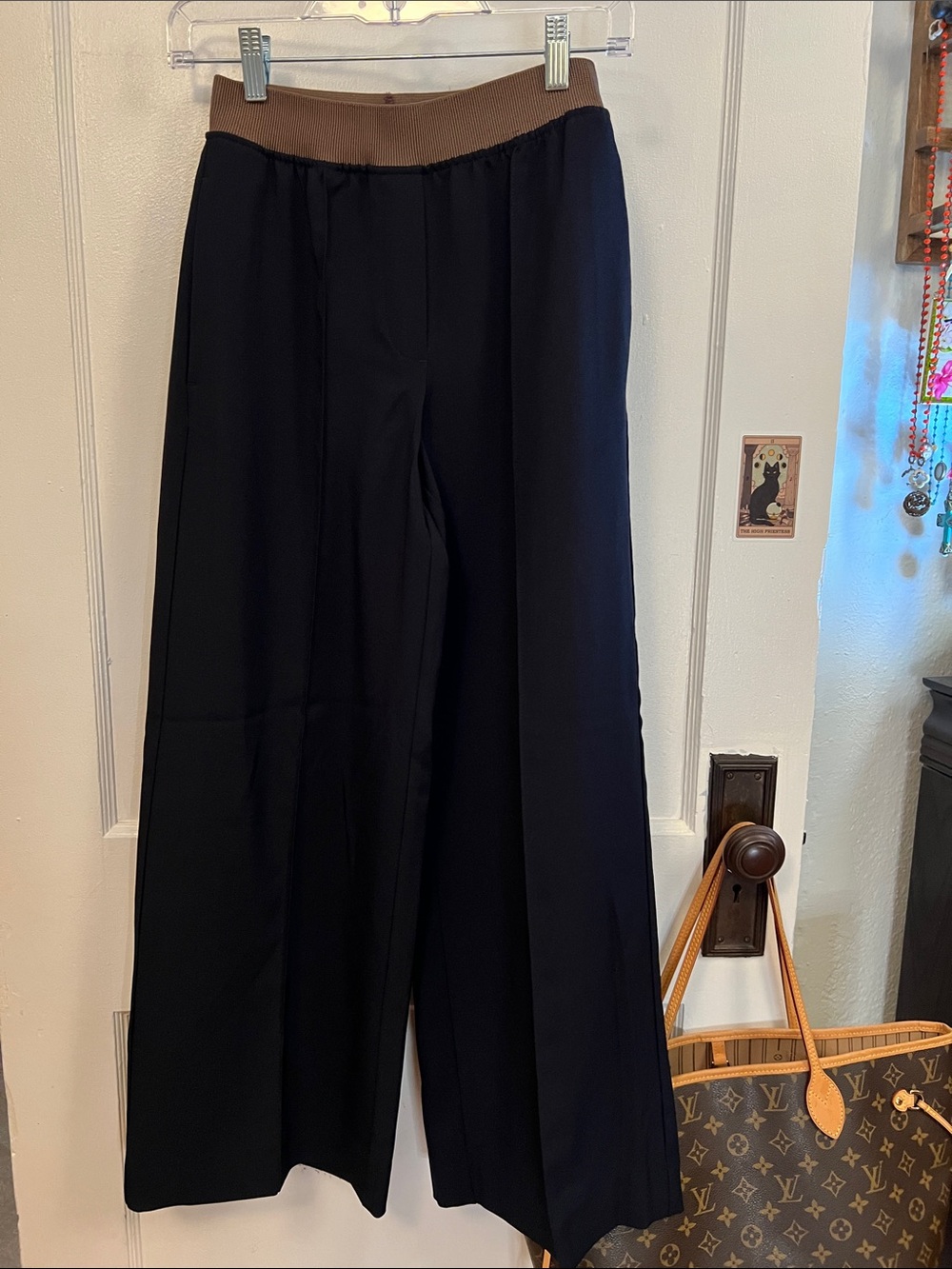 Gorgeous Flowy Reiss Navy Wide-Leg Pull-On Pants with Brown Waistband